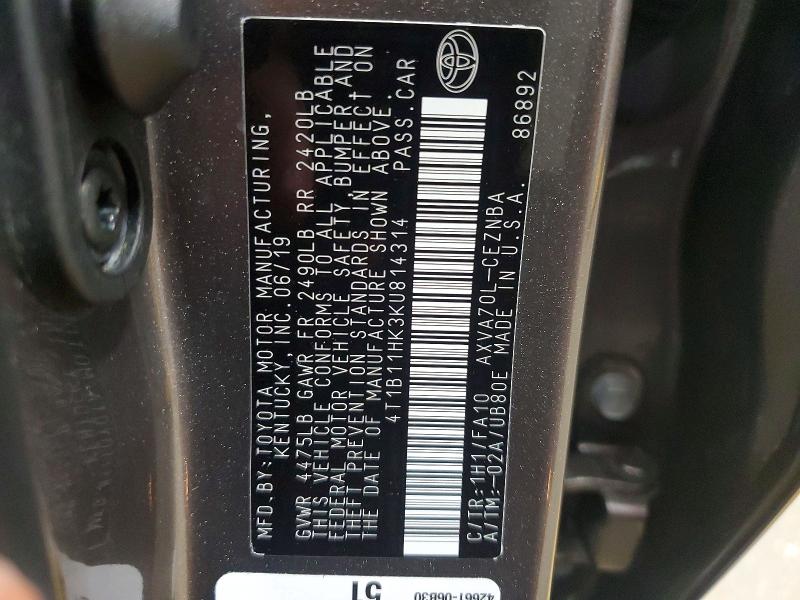 Продаж на аукціоні авто 2019 Toyota Camry, vin: 4T1B11HK3KU814314, номер лоту: 59963776