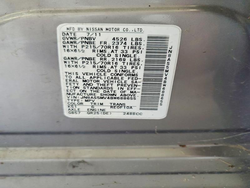 61628706 :رقم المزاد ، JN8AS5MV4BW688655 vin ، 2011 Nissan Rogue مزاد بيع