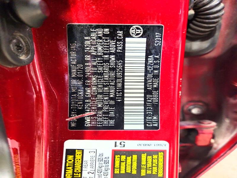 2020 Toyota Camry მანქანა იყიდება აუქციონზე, vin: 4T1C11AK0LU925645, აუქციონის ნომერი: 58615216