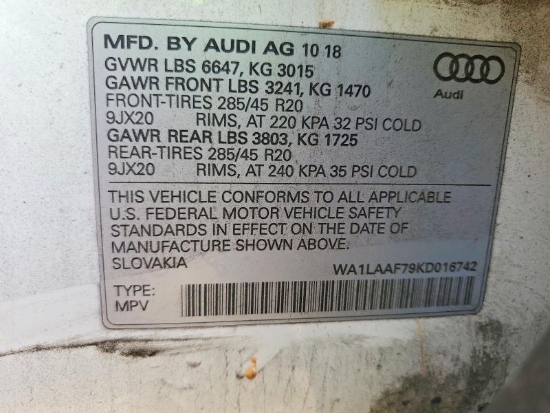 60270986 :رقم المزاد ، WA1LAAF79KD016742 vin ، 2019 Audi Q7 مزاد بيع
