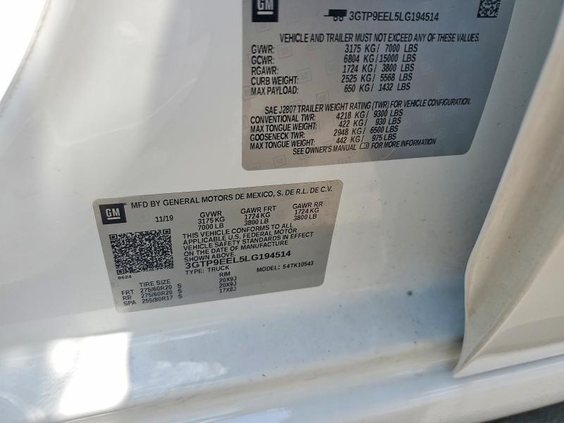 Aukcja sprzedaży 2020 Gmc Sierra, vin: 3GTP9EEL5LG194514, numer aukcji: 60865086