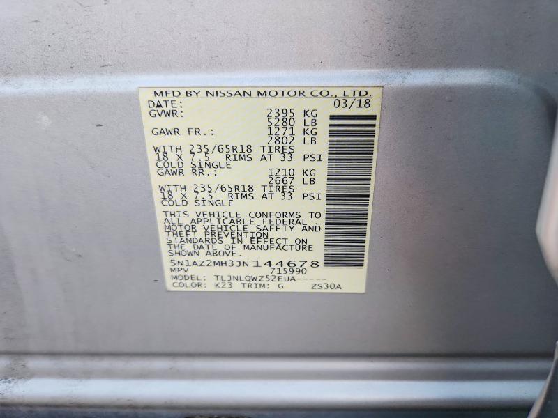 Aukcja sprzedaży 2018 Nissan Murano, vin: 5N1AZ2MH3JN144678, numer aukcji: 59190926