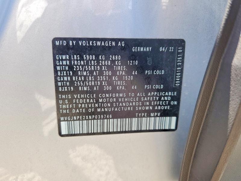 2022 Volkswagen Id.4 მანქანა იყიდება აუქციონზე, vin: WVGJNPE2XNP039746, აუქციონის ნომერი: 61251036