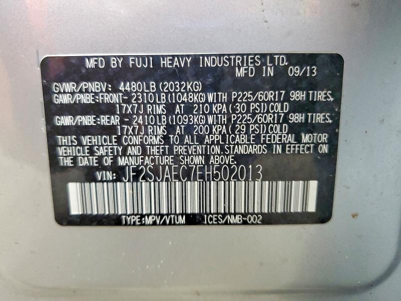 2014 Subaru Forester მანქანა იყიდება აუქციონზე, vin: JF2SJAEC7EH502013, აუქციონის ნომერი: 62079476