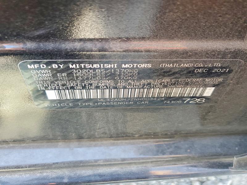 2022 Mitsubishi Mirage მანქანა იყიდება აუქციონზე, vin: ML32AUHJ2NH003424, აუქციონის ნომერი: 63552096