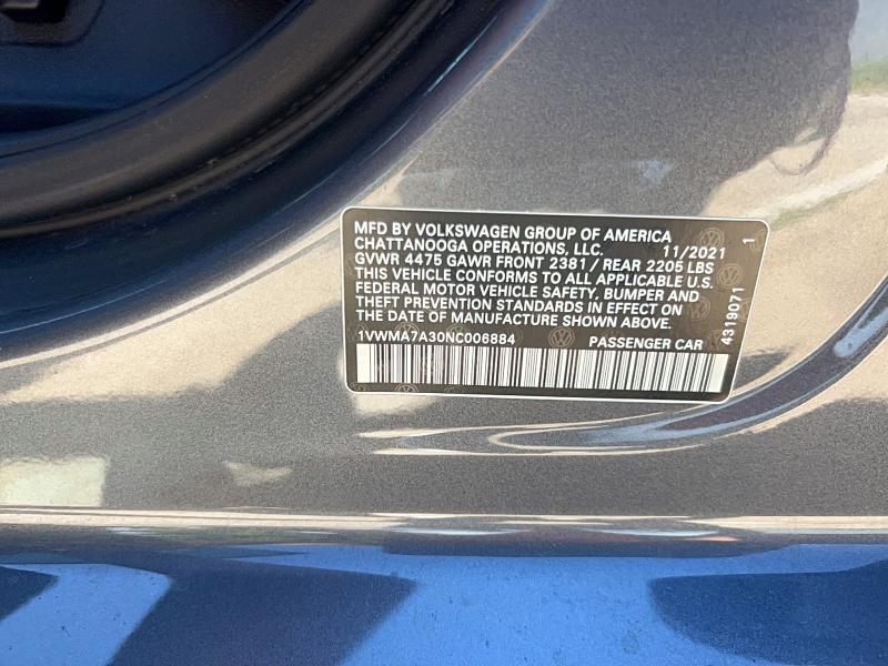 Продаж на аукціоні авто 2022 Volkswagen Passat, vin: 1VWMA7A30NC006884, номер лоту: 60271916