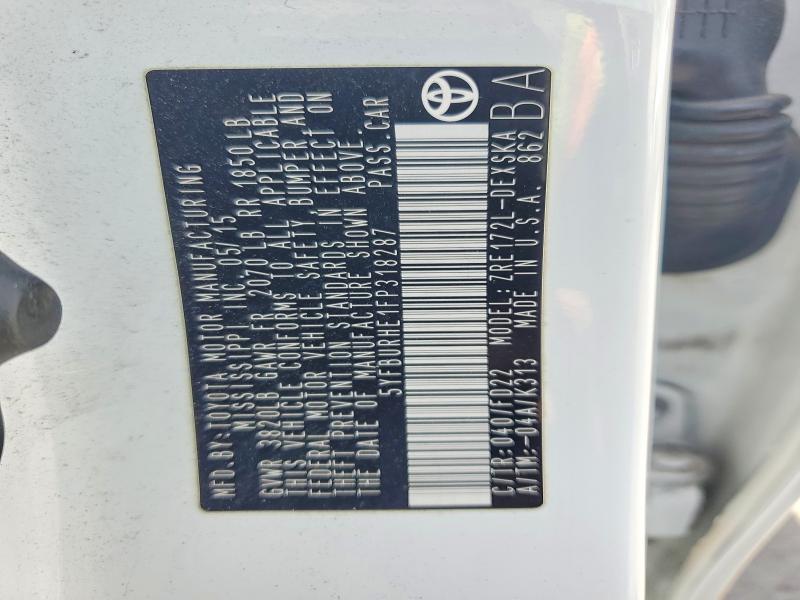 2015 Toyota Corolla მანქანა იყიდება აუქციონზე, vin: 5YFBURHE1FP318287, აუქციონის ნომერი: 59300256