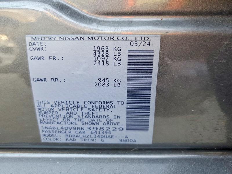 Aukcja sprzedaży 2024 Nissan Altima, vin: 1N4BL4DV9RN398229, numer aukcji: 62904346