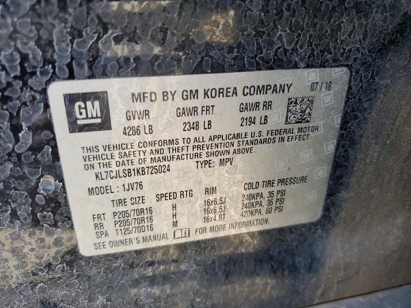 2019 Chevrolet Trax მანქანა იყიდება აუქციონზე, vin: KL7CJLSB1KB725024, აუქციონის ნომერი: 60090836