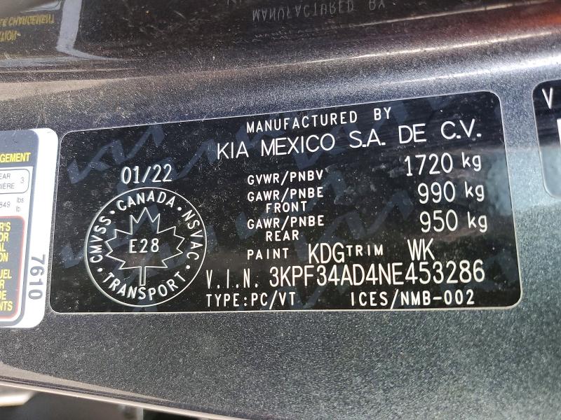 60157786 :رقم المزاد ، 3KPF34AD4NE453286 vin ، 2022 Kia Forte مزاد بيع