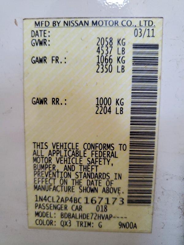 2011 Nissan Altima მანქანა იყიდება აუქციონზე, vin: 1N4CL2AP4BC167173, აუქციონის ნომერი: 60509956