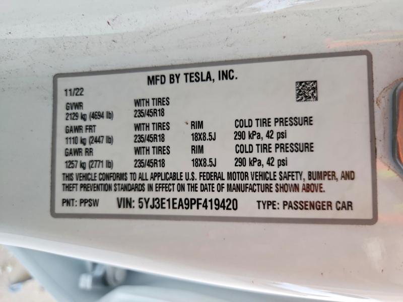 2023 Tesla Model 3 მანქანა იყიდება აუქციონზე, vin: 5YJ3E1EA9PF419420, აუქციონის ნომერი: 59714446