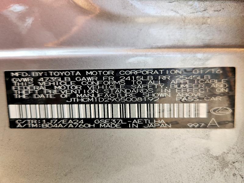 Aukcja sprzedaży 2016 Lexus Is, vin: JTHCM1D29G5008192, numer aukcji: 62762966