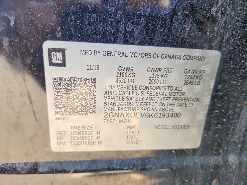 Aukcja sprzedaży 2019 Chevrolet Equinox, vin: 2GNAXUEV6K6193400, numer aukcji: 62494466