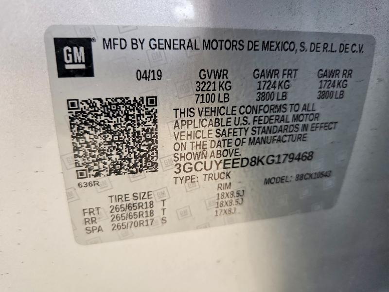 2019 Chevrolet Silverado მანქანა იყიდება აუქციონზე, vin: 3GCUYEED8KG179468, აუქციონის ნომერი: 60897196