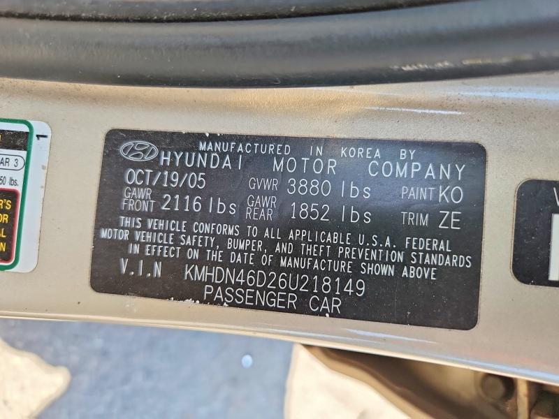 59689636 :رقم المزاد ، KMHDN46D26U218149 vin ، 2006 Hyundai Elantra مزاد بيع