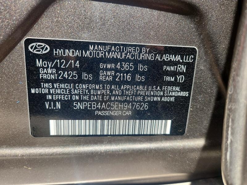 59722706 :رقم المزاد ، 5NPEB4AC5EH947626 vin ، 2014 Hyundai Sonata مزاد بيع