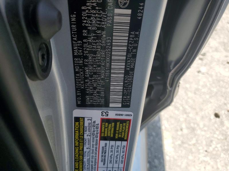 2019 Toyota Camry მანქანა იყიდება აუქციონზე, vin: 4T1B61HKXKU252493, აუქციონის ნომერი: 95585695