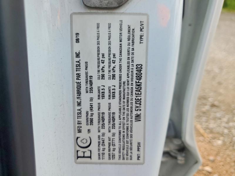 2019 Tesla Model 3 მანქანა იყიდება აუქციონზე, vin: 5YJ3E1EA5KF480403, აუქციონის ნომერი: 62490486