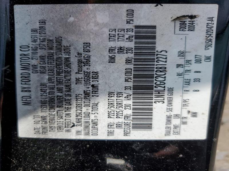 62211716 :رقم المزاد ، 3LNHL2GC2CR812275 vin ، 2012 Lincoln Mkz مزاد بيع