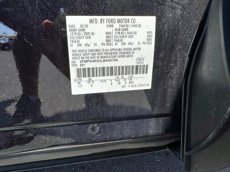 62636646 :رقم المزاد ، 2FMPK4K93LBA60784 vin ، 2020 Ford Edge مزاد بيع