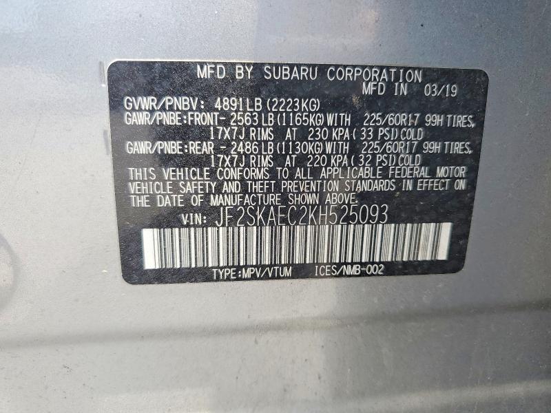 60302326 :رقم المزاد ، JF2SKAEC2KH525093 vin ، 2019 Subaru Forester مزاد بيع
