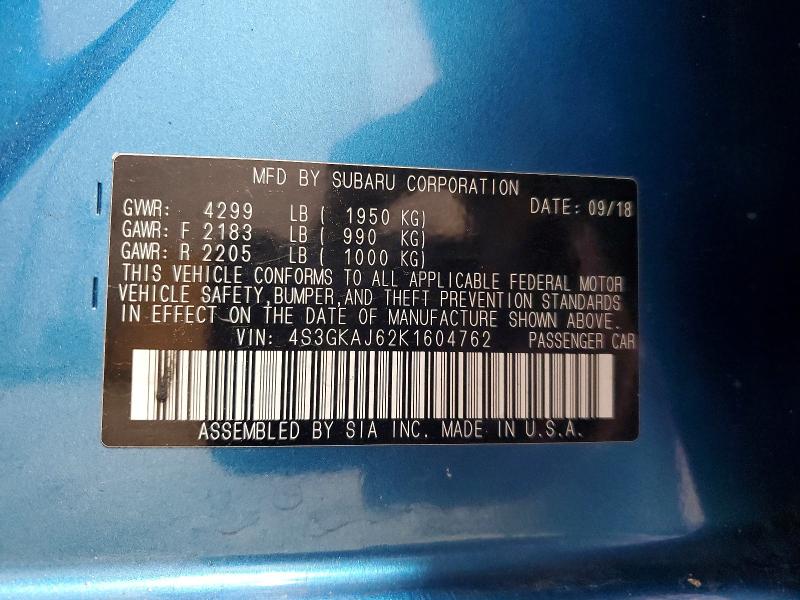 60427036 :رقم المزاد ، 4S3GKAJ62K1604762 vin ، 2019 Subaru Impreza مزاد بيع