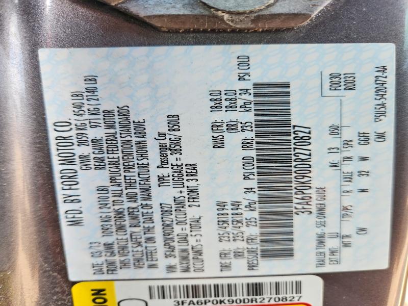 Продаж на аукціоні авто 2013 Ford Fusion, vin: 3FA6P0K90DR270827, номер лоту: 62114886