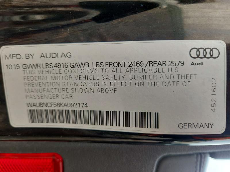 2019 Audi A5 მანქანა იყიდება აუქციონზე, vin: WAUBNCF56KA092174, აუქციონის ნომერი: 61399426