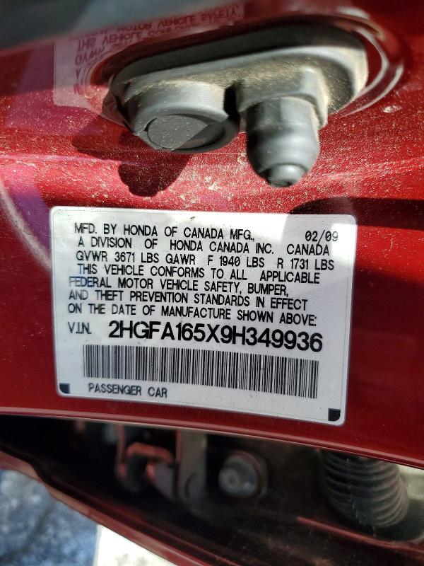 Aukcja sprzedaży 2009 Honda Civic, vin: 2HGFA165X9H349936, numer aukcji: 60217216