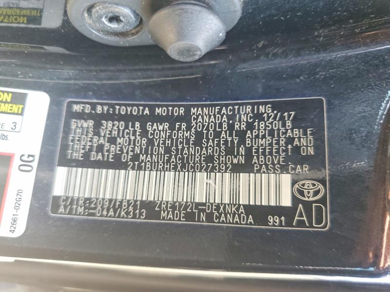 Продажа на аукционе авто 2018 Toyota Corolla, vin: 2T1BURHEXJC027392, номер лота: 59868426