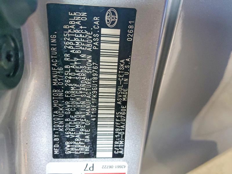 59784676 :رقم المزاد ، 4T1BF1FK9GU189767 vin ، 2016 Toyota Camry مزاد بيع