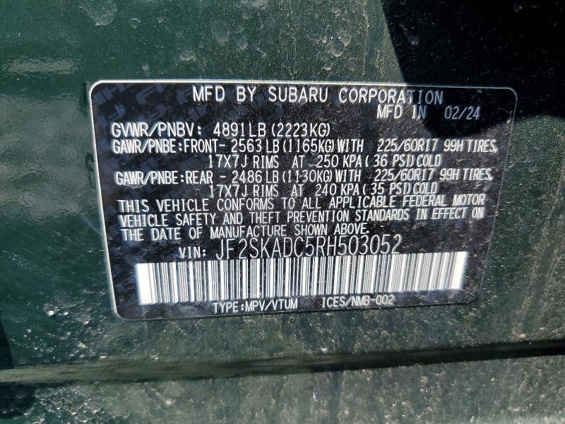 Aukcja sprzedaży 2024 Subaru Forester, vin: JF2SKADC5RH503052, numer aukcji: 62749376