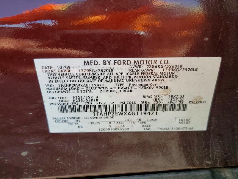 60976796 :رقم المزاد ، 1FAHP2EWXAG119471 vin ، 2010 Ford Taurus مزاد بيع