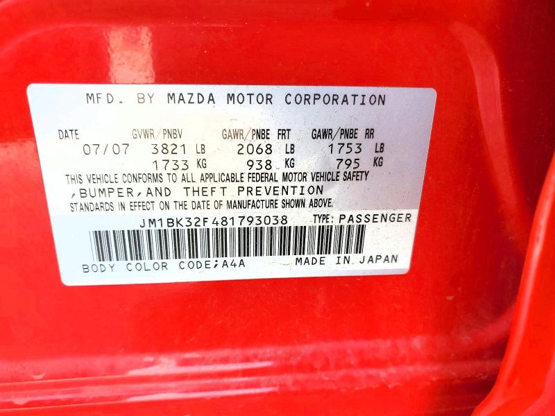 2008 Mazda 3 მანქანა იყიდება აუქციონზე, vin: JM1BK32F481793038, აუქციონის ნომერი: 60324696
