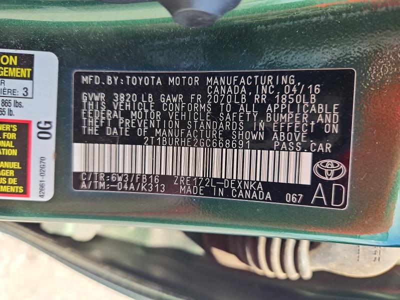Продажа на аукционе авто 2016 Toyota Corolla, vin: 2T1BURHE2GC668691, номер лота: 61471706