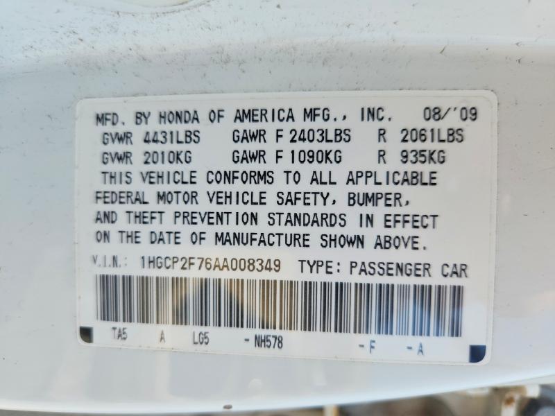 Aukcja sprzedaży 2010 Honda Accord, vin: 1HGCP2F76AA008349, numer aukcji: 59363916