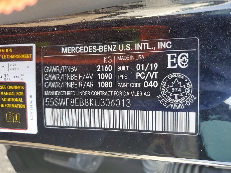 60246916 :رقم المزاد ، 55SWF8EB8KU306013 vin ، 2019 Mercedes-benz C مزاد بيع