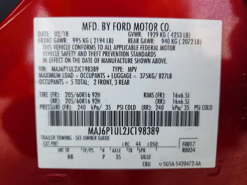 2018 Ford Ecosport მანქანა იყიდება აუქციონზე, vin: MAJ6P1UL2JC198389, აუქციონის ნომერი: 60389356