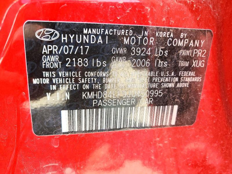 2018 Hyundai Elantra მანქანა იყიდება აუქციონზე, vin: KMHD84LF9JU450995, აუქციონის ნომერი: 61996216