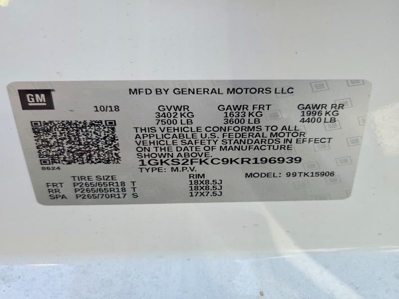 2019 Gmc Yukon Xl მანქანა იყიდება აუქციონზე, vin: 1GKS2FKC9KR196939, აუქციონის ნომერი: 60514896
