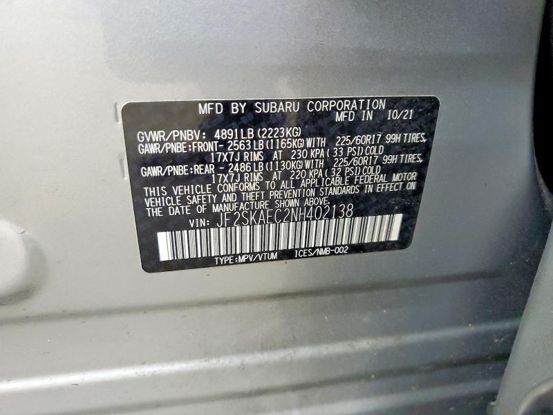 Продаж на аукціоні авто 2022 Subaru Forester, vin: JF2SKAEC2NH402138, номер лоту: 85628275