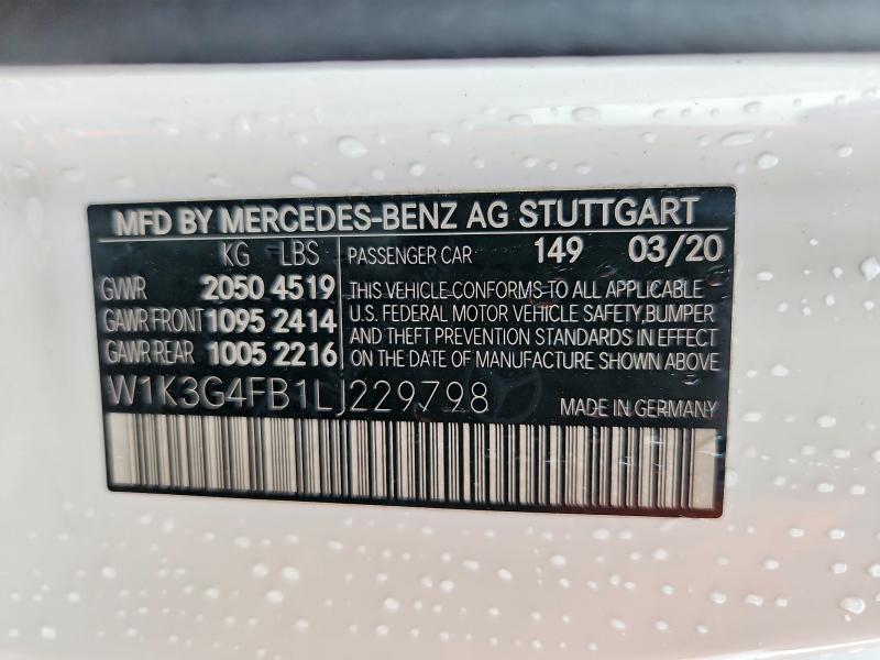 58272416 :رقم المزاد ، W1K3G4FB1LJ229798 vin ، 2020 Mercedes-benz A مزاد بيع