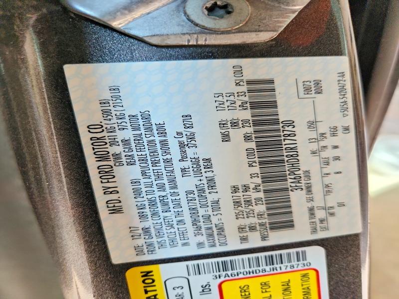 Aukcja sprzedaży 2018 Ford Fusion, vin: 3FA6P0HD8JR178730, numer aukcji: 59280606