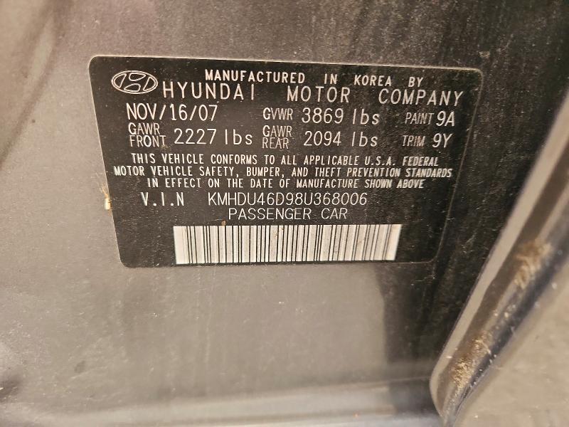 2008 Hyundai Elantra მანქანა იყიდება აუქციონზე, vin: KMHDU46D98U368006, აუქციონის ნომერი: 61378586