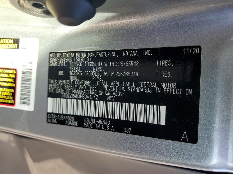 2021 Toyota Highlander მანქანა იყიდება აუქციონზე, vin: 5TDZZRAHXMS041342, აუქციონის ნომერი: 60832636