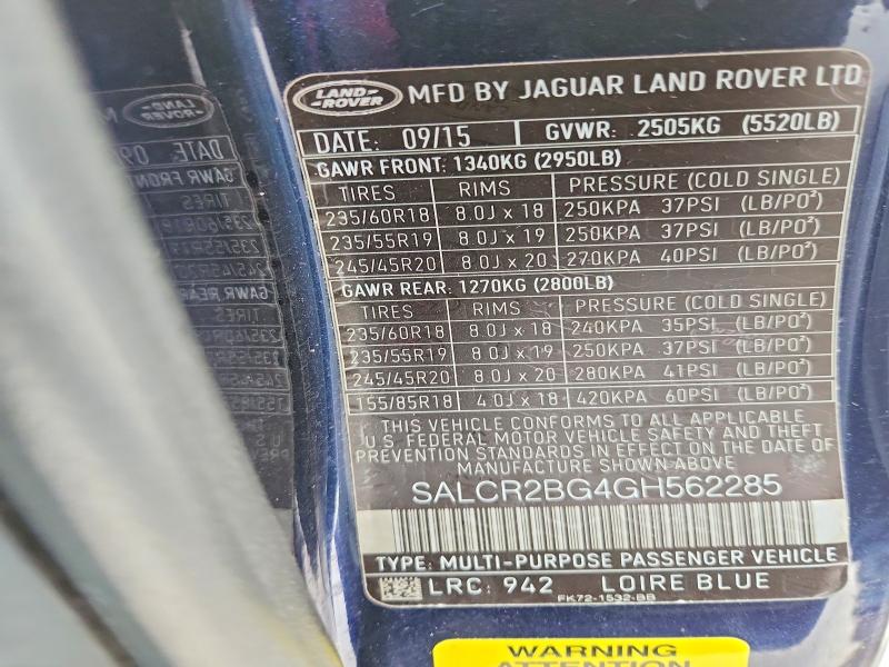 2016 Land Rover Discovery Sport მანქანა იყიდება აუქციონზე, vin: SALCR2BG4GH562285, აუქციონის ნომერი: 63655656