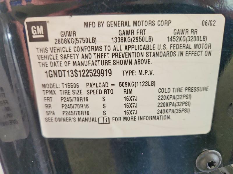 2002 Chevrolet Trailblazer მანქანა იყიდება აუქციონზე, vin: 1GNDT13S122529919, აუქციონის ნომერი: 62578266