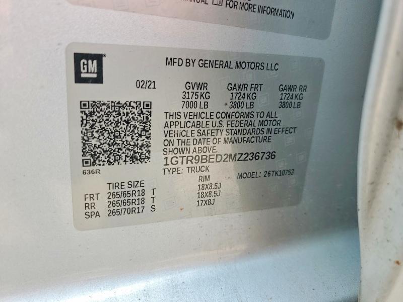 62499436 :رقم المزاد ، 1GTR9BED2MZ236736 vin ، 2021 Gmc Sierra مزاد بيع