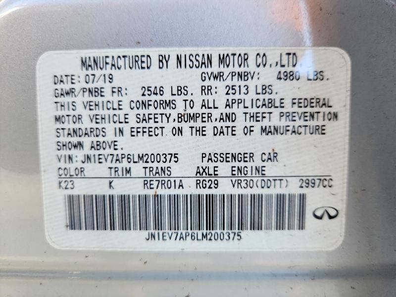 2020 Infiniti Q50 მანქანა იყიდება აუქციონზე, vin: JN1EV7AP6LM200375, აუქციონის ნომერი: 62280176